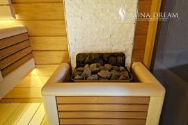 Saunová kamna Harvia s luxusním krytem a kemennou stěnou